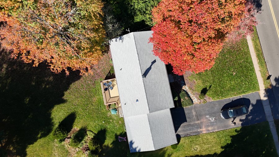 Wide aerial view of the GAF Timberline HDZ shingle roof and chimney — Cheshire, CT
