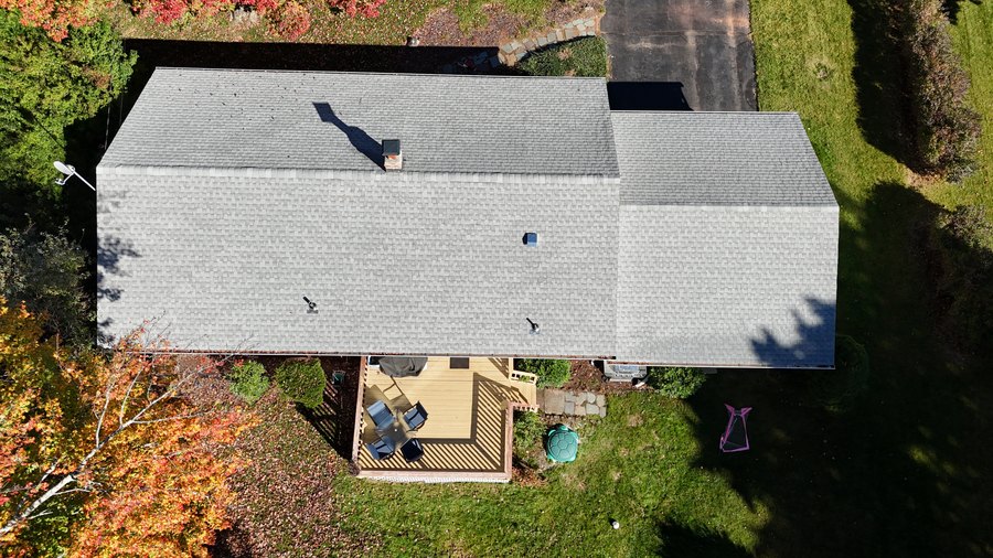 Aerial overview of the GAF Timberline HDZ shingle roof and chimney — Cheshire, CT